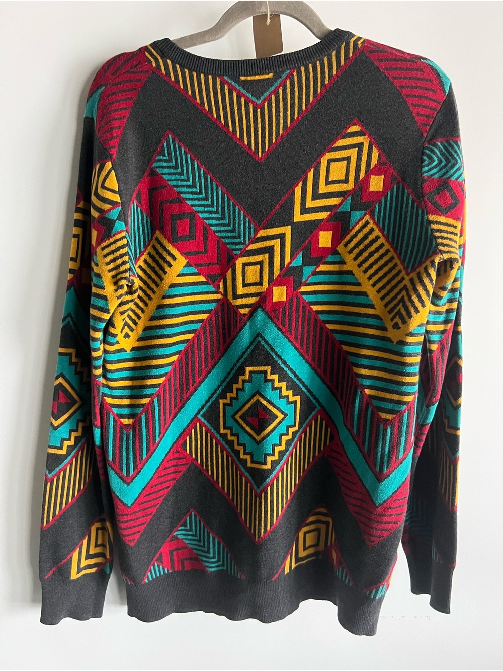 Empyre Black Crewneck Sweater with Teal, Mustard and Red Geometric Pattern - Picture 4 of 4